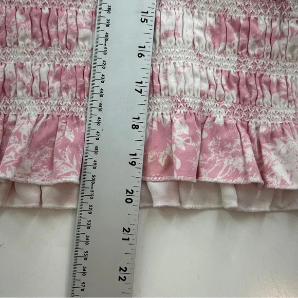 WAYF Pink Toile Print Smocked Peplum Blouse L Long Sleeve Wrap Cottagecore - Picture 7 of 10